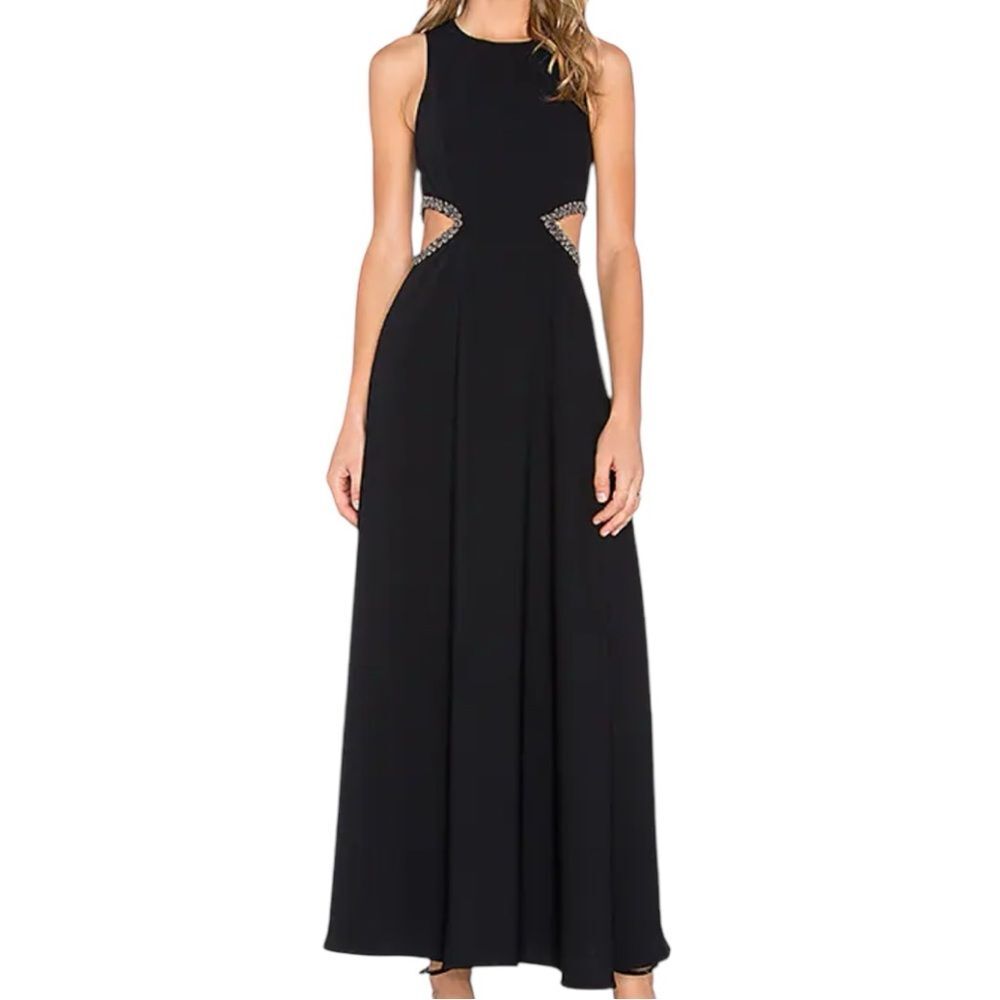 Lovers + Friends Black Maxi Dress XS Cutouts Rhinestone High Neck penthouse maxi